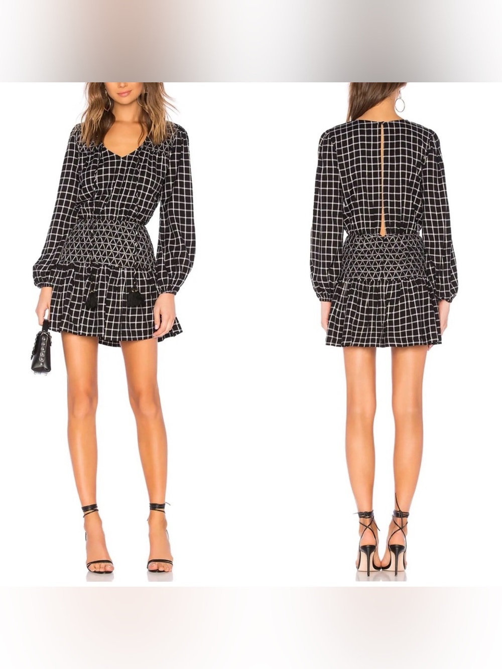 Tularosa Black and White Windowpane Smocked Mini Dress